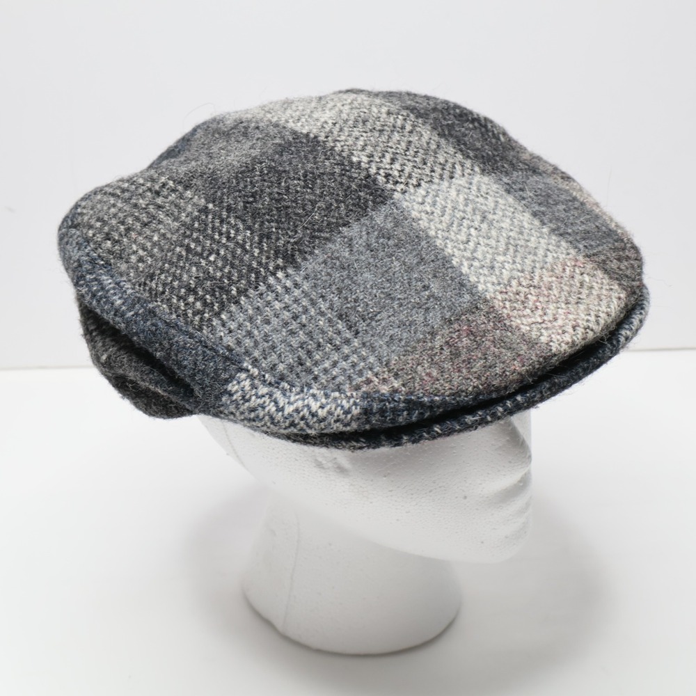 Harris Tweed Mens Gray Blue Plaid Wool Flat Cap Newsboy‎ Ivy Driving Hat Size M